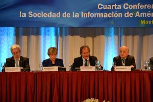 eLAC Ministerial Conference: Left to right: Mario Campolargo, Director of DG CONNECT.E, European Commission; Alicia Bárcena, ECLAC Executive Secretary; Luis Almagro, Minister of Foreign Affairs of Uruguay, and José Clastronik, Chair of the Presiding Officers of the eLAC2015 follow-up mechanism. 	Photo: Courtesy of Agesic.
