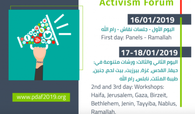  image linking to Palestinian Digital Activism Forum to take place in January 2019 