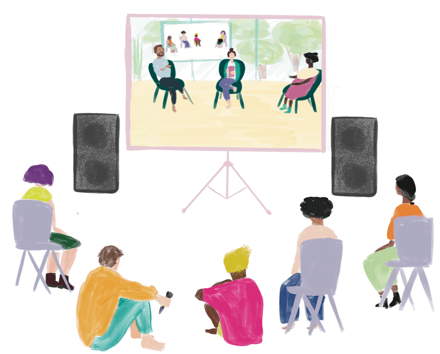 Illustration of a diverse group of people who are seated and facing two large speakers and a large screen showing several more people who are seated and engaged in discussion. Illustration by Nadège.
