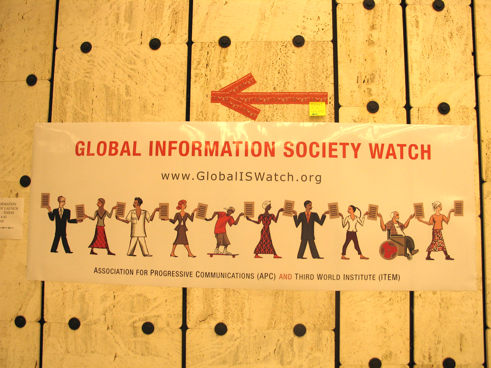 A sign points the way to the the launch of first edition of GISWatch, 2007