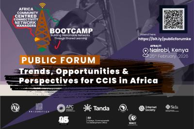 Promotional poster for the Africa Community Centred Connectivity Network Managers Bootcamp, featuring details of a public forum in Nairobi on February 25, 2026, exploring trends and opportunities for CCIS in Africa. Includes a QR code, link, logos of sponsors, and a tech-themed background.