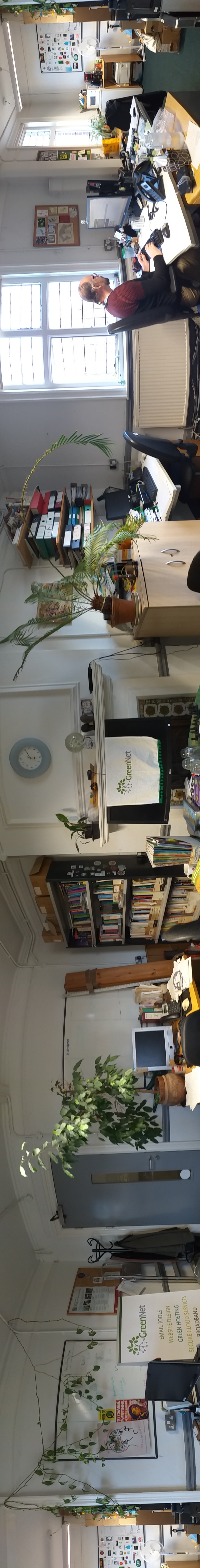 A photo depicting a panorama of the GreenNet offices, including people working on computers, bookshelves and plants.