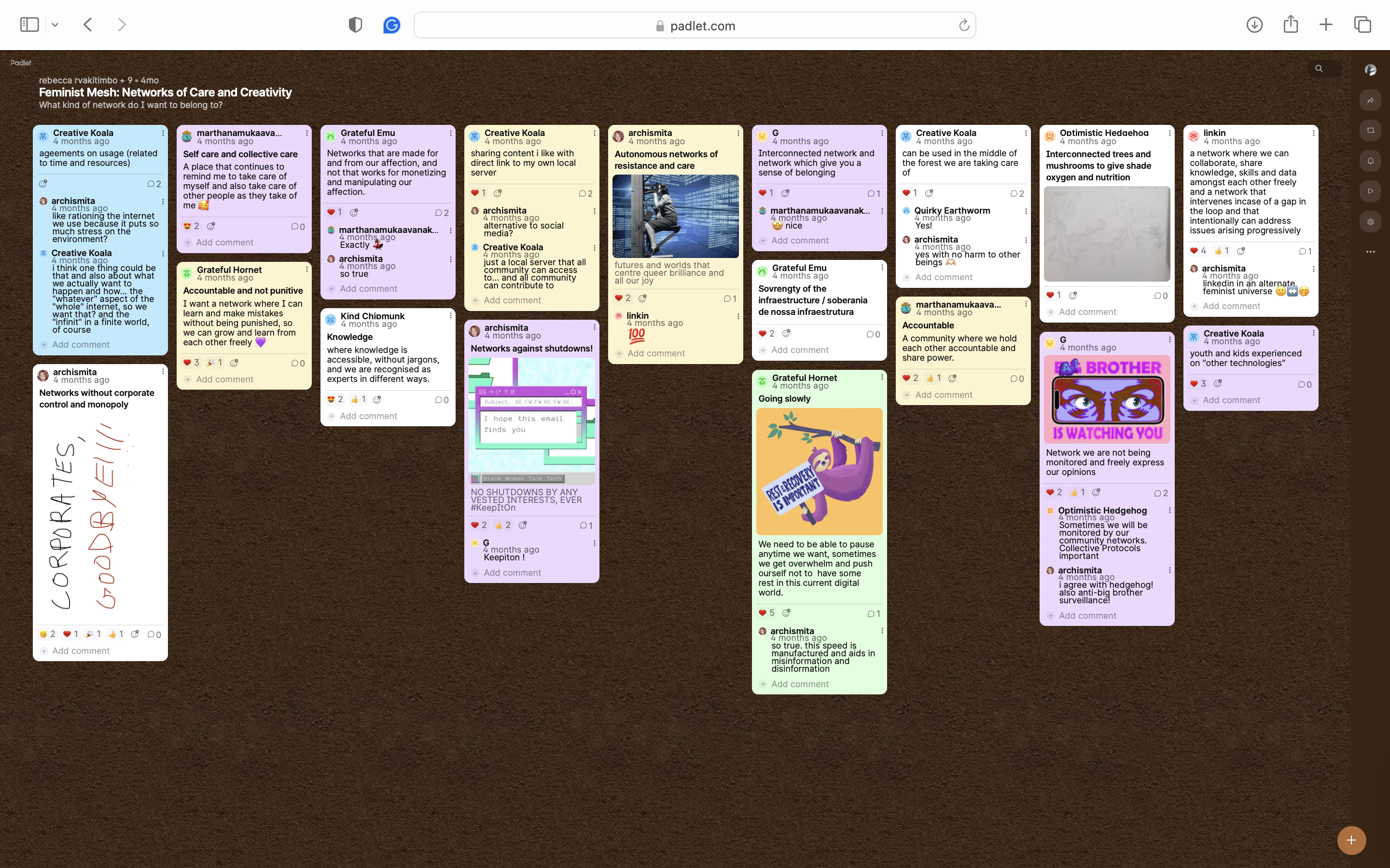 Alt text: A digital padlet board themed around "Feminist Networks of Care and Creativity," displaying various colorful notes and images in columns. Each note contains text and images related to feminist themes, care, and collaboration, conveying a tone of community and empowerment. A variety of hues, including pink, yellow, and purple, enhance the diversity and creativity of the board.