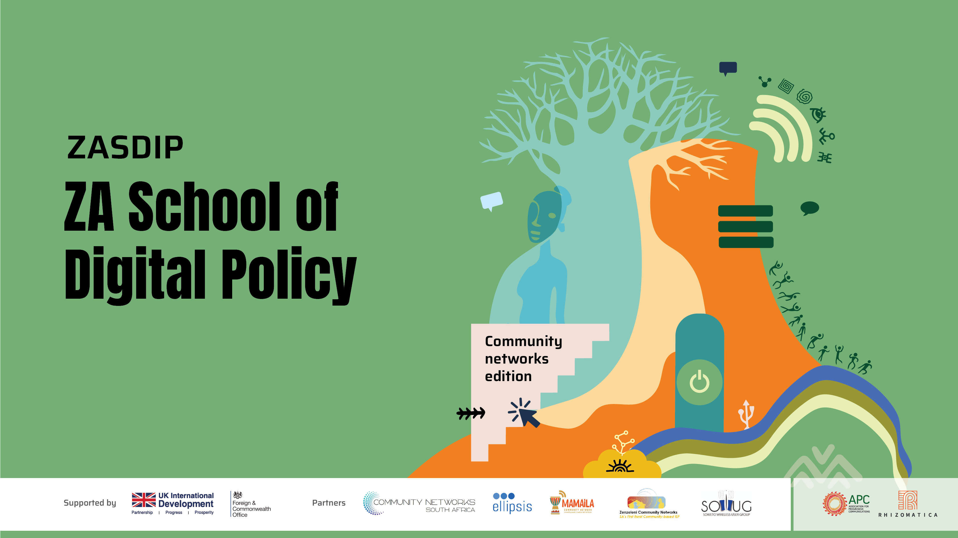 Promotional graphic for the ZA School of Digital Policy, featuring an abstract illustration of a tree, human figure, and digital icons, with supporting organization logos at the bottom.