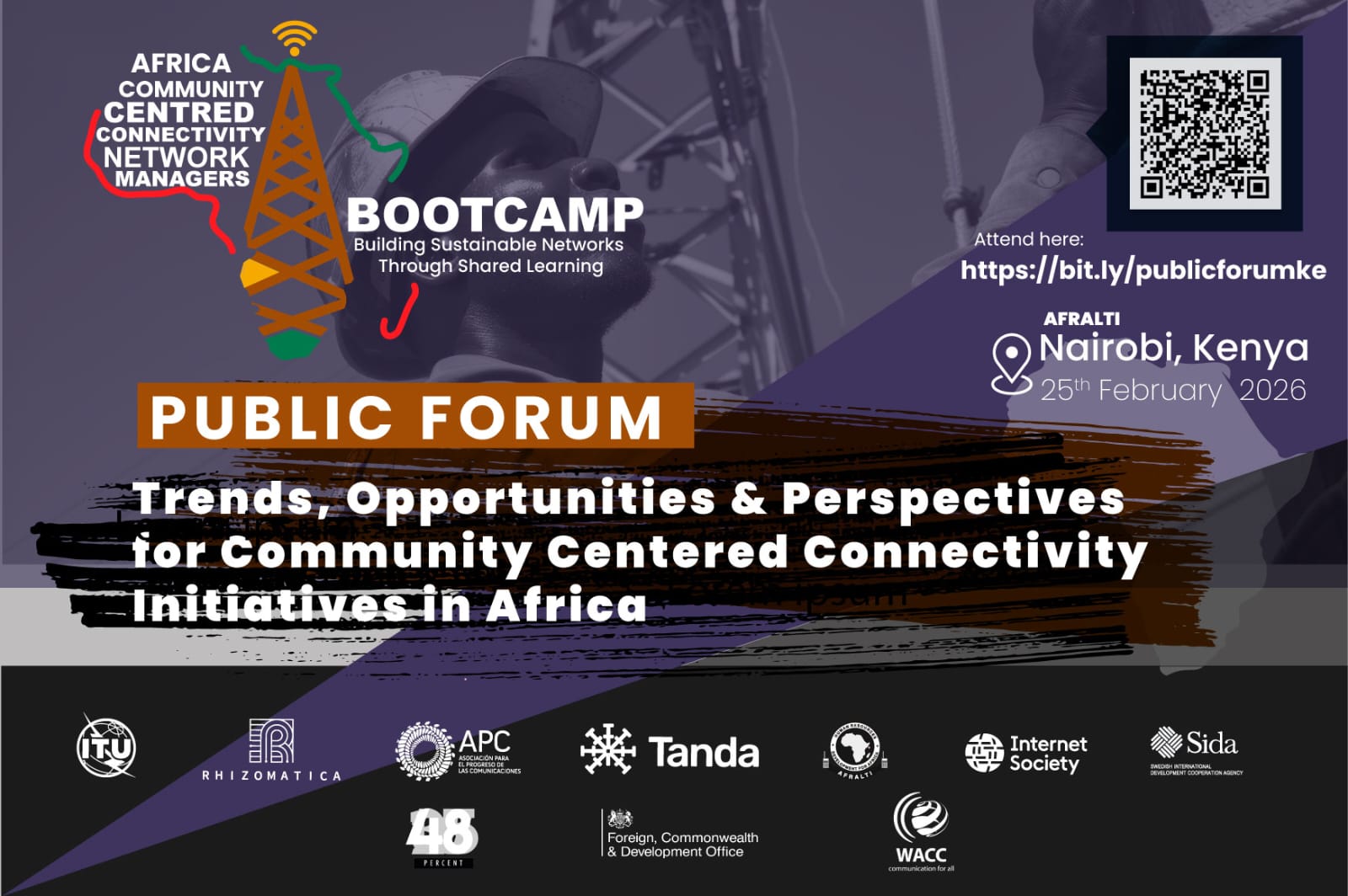 Promotional poster for the Africa Community Centred Connectivity Network Managers Bootcamp, featuring details of a public forum in Nairobi on February 25, 2026, exploring trends and opportunities for CCIS in Africa. Includes a QR code, link, logos of sponsors, and a tech-themed background.