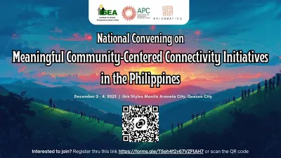 Promotional banner for the National Convening on Meaningful Community-Centered Connectivity Initiatives in the Philippines.” The background features a colorful sunset sky with rolling hills and silhouettes of people standing. At the top are three logos: ISEA, APC and Rhizomatica, event details days and place, and a large QR code.