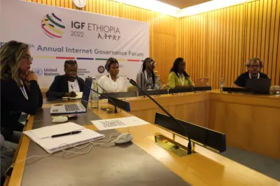 Adriane Gama (left) shares the lessons learnt from the Amazon Community Networks School in Brazil during the Internet Governance Forum in 2022. image linking to Interview with Adriane Gama: An Amazonian woman's reflections on community networks