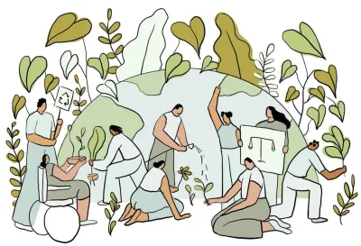 men and women doing in a backgorund full of leaves