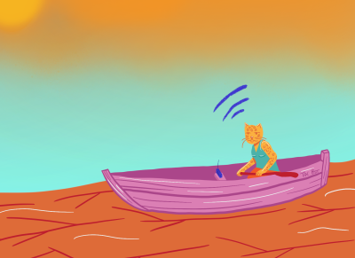 Ilustration of a boat on a river with a person with leopard features