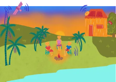 Three people with animal features sit around a campfire near a pond at sunset, with palm trees and a wooden hut in the background