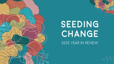 Colourful banner highlighting the 2025 recap of the Seeding Change column image linking to Seeding change in 2025: Weaving power, care and imagination across digital justice movements