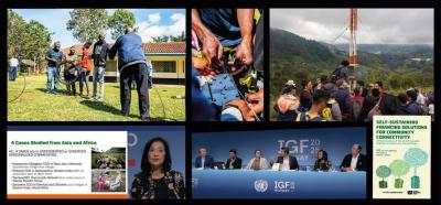 collage of photos of community networks activities related to financ (a panel, a book cover, an anthena, hand handling wires)