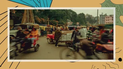 Banner photo showing bicycles, motorbikes and people moving through a busy intersection, many carrying packages, slightly blurred to show momentum.  image linking to Seeding change: A feminist action research project addressing wage disparities and platform power in India 