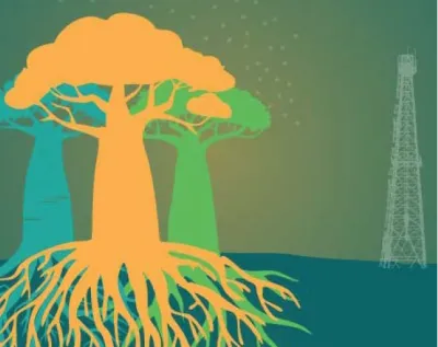 colorfull babobas with a dark green background start in the sky and a tower in the back.