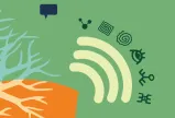 abstract ilustration with parts of a tree and icons, over a wifi signal