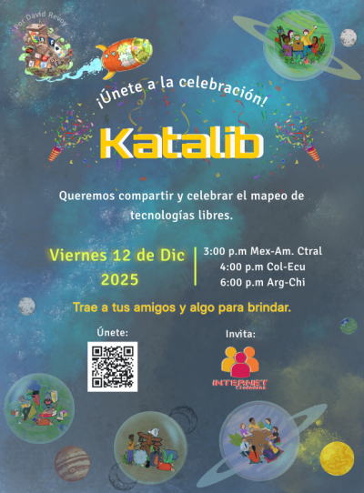 Póster colorido del evento "Katalib" del 12 de diciembre de 2025, con gráficos festivos y planetas. Incluye horarios, código QR y logotipos.