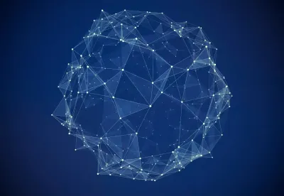 A geometric 3D network sphere with interconnected glowing nodes and lines on a dark blue background, conveying a sense of technology and connectivity