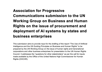 image linking to APC submission to the UN Working Group on Business and Human Rights on the issue of procurement and deployment of AI systems by states and business enterprises