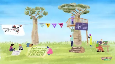 Illustration by Nadege. image linking to A call to action to effectively address technology-facilitated gender-based violence