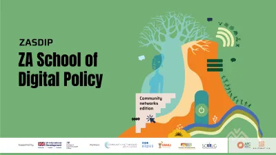 Promotional graphic for the ZA School of Digital Policy, featuring an abstract illustration of a tree, human figure, and digital icons, with supporting organization logos at the bottom.