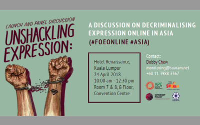  image linking to  Launch and panel discussion “Unshackling Expression”: A discussion on decriminalising expression online in Asia  